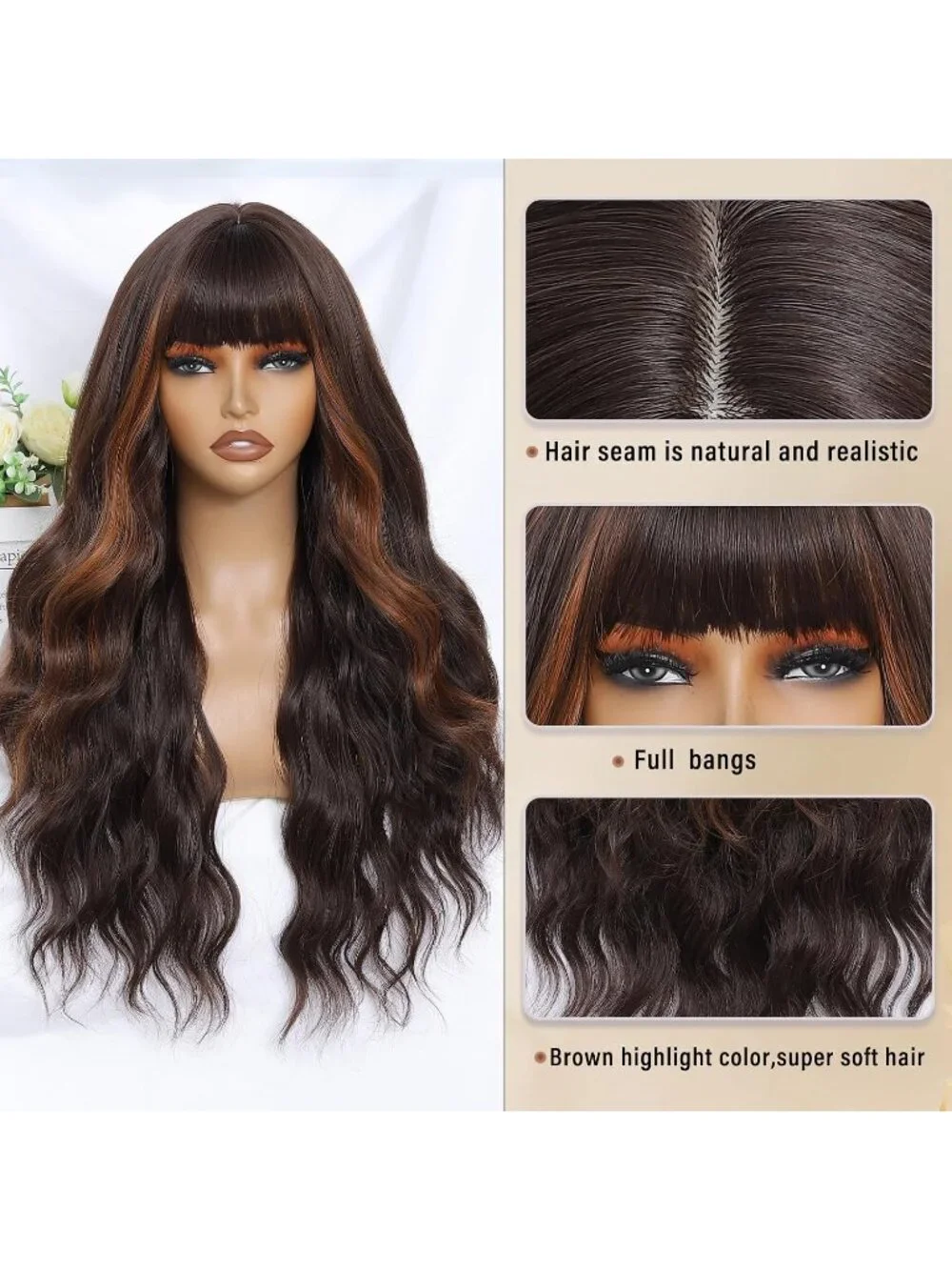 Women's Brown 26 Inch Natural Looking Heat Resistant Synthetic Wigs Bangs